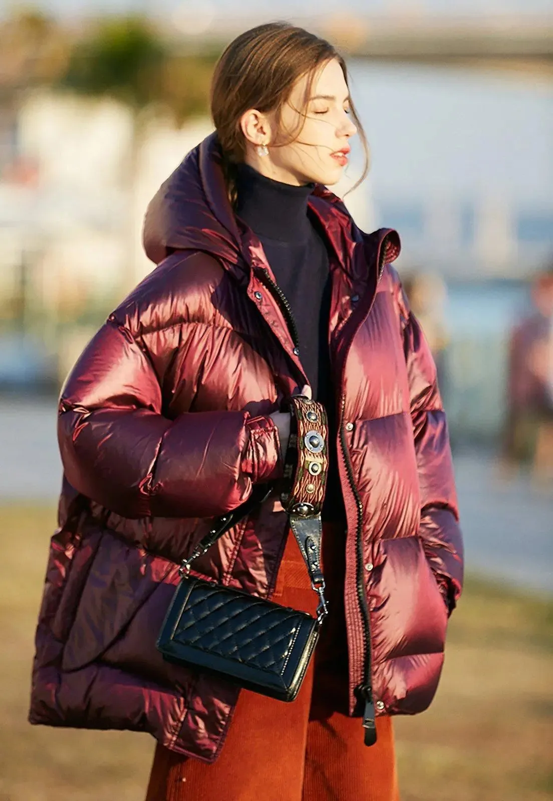 Claret Hooded Belted Down Puffer Jacket