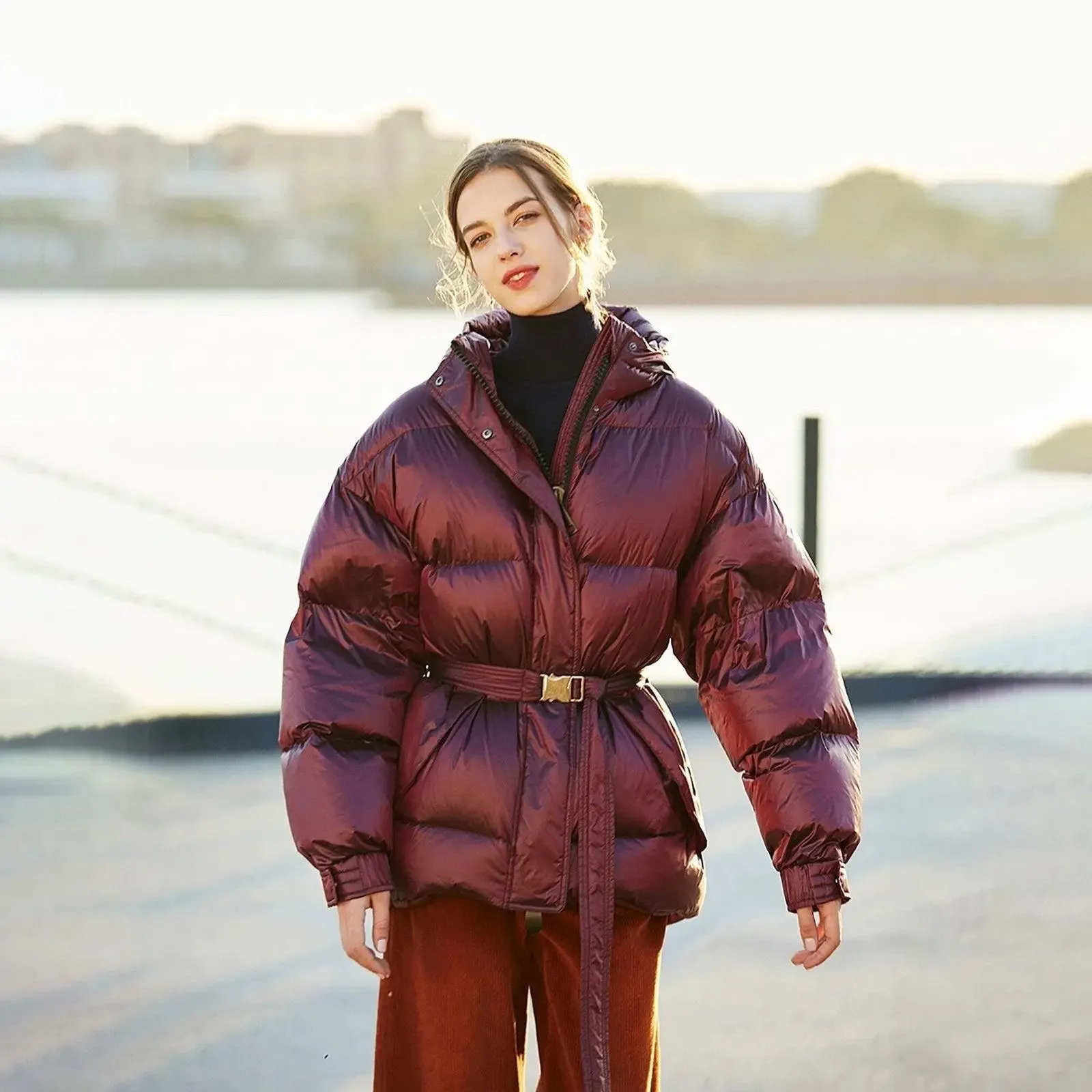 Claret Hooded Belted Down Puffer Jacket