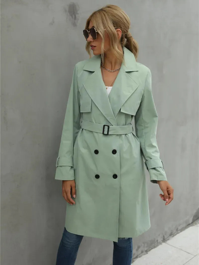 Classic Beige Double-Breasted Trench Coat with Adjustable Waist Belt for Women