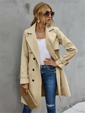 Classic Beige Double-Breasted Trench Coat with Adjustable Waist Belt for Women