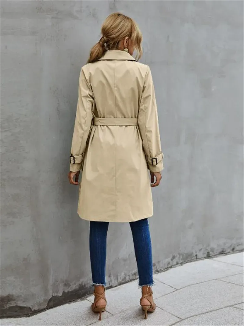 Classic Beige Double-Breasted Trench Coat with Adjustable Waist Belt for Women