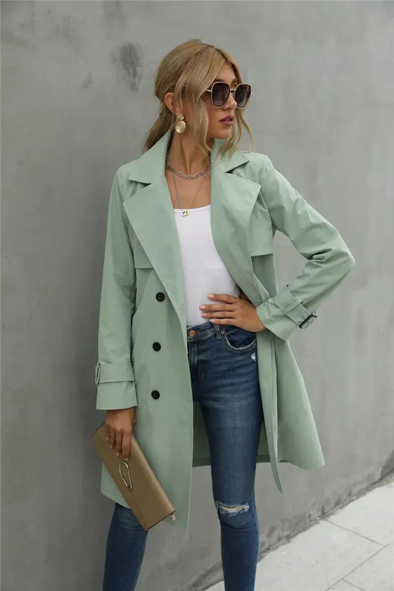 Classic Beige Double-Breasted Trench Coat with Adjustable Waist Belt for Women