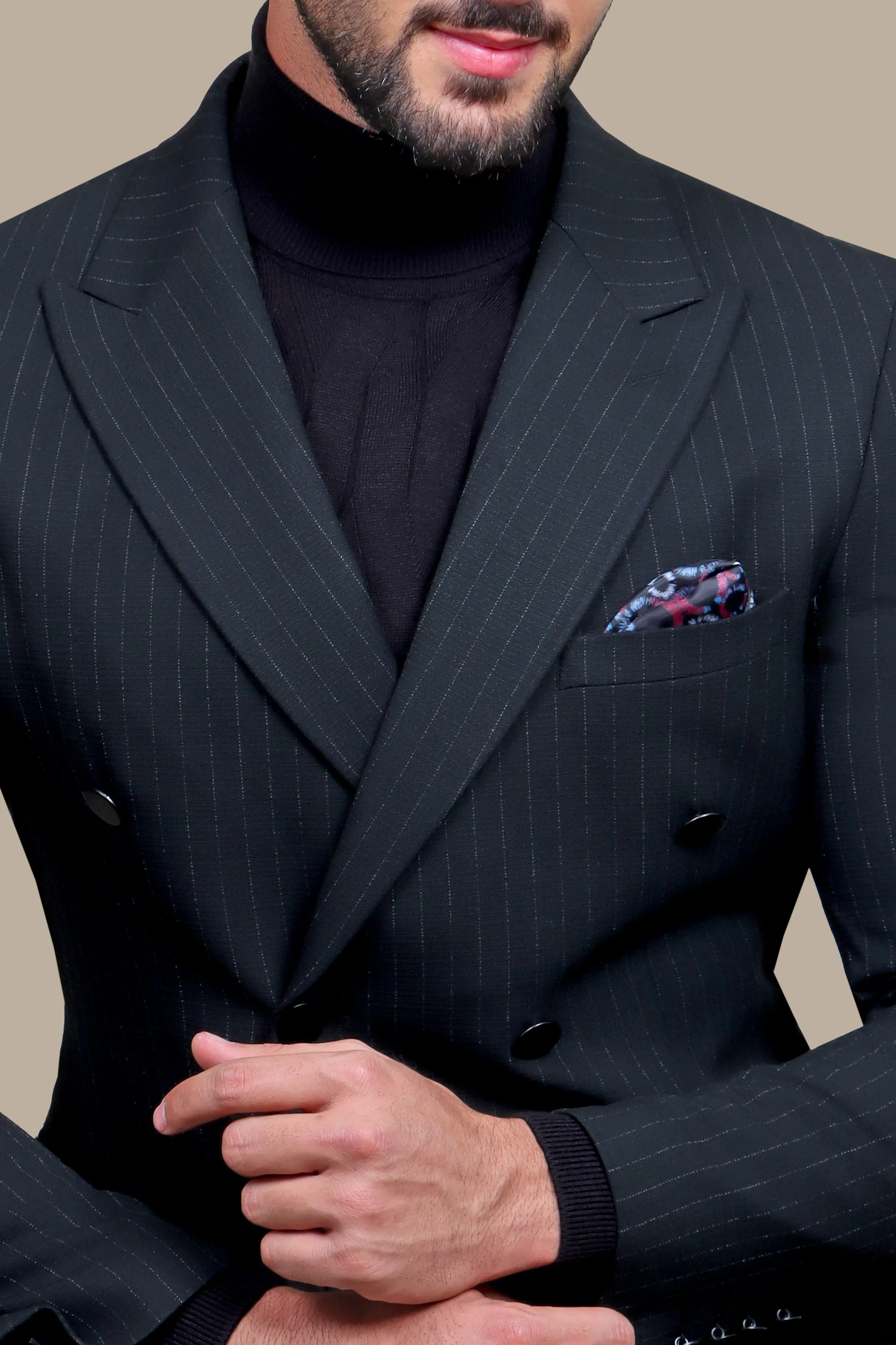 Classic Elegance: Black Double-Breasted Suit with Timeless Stripes