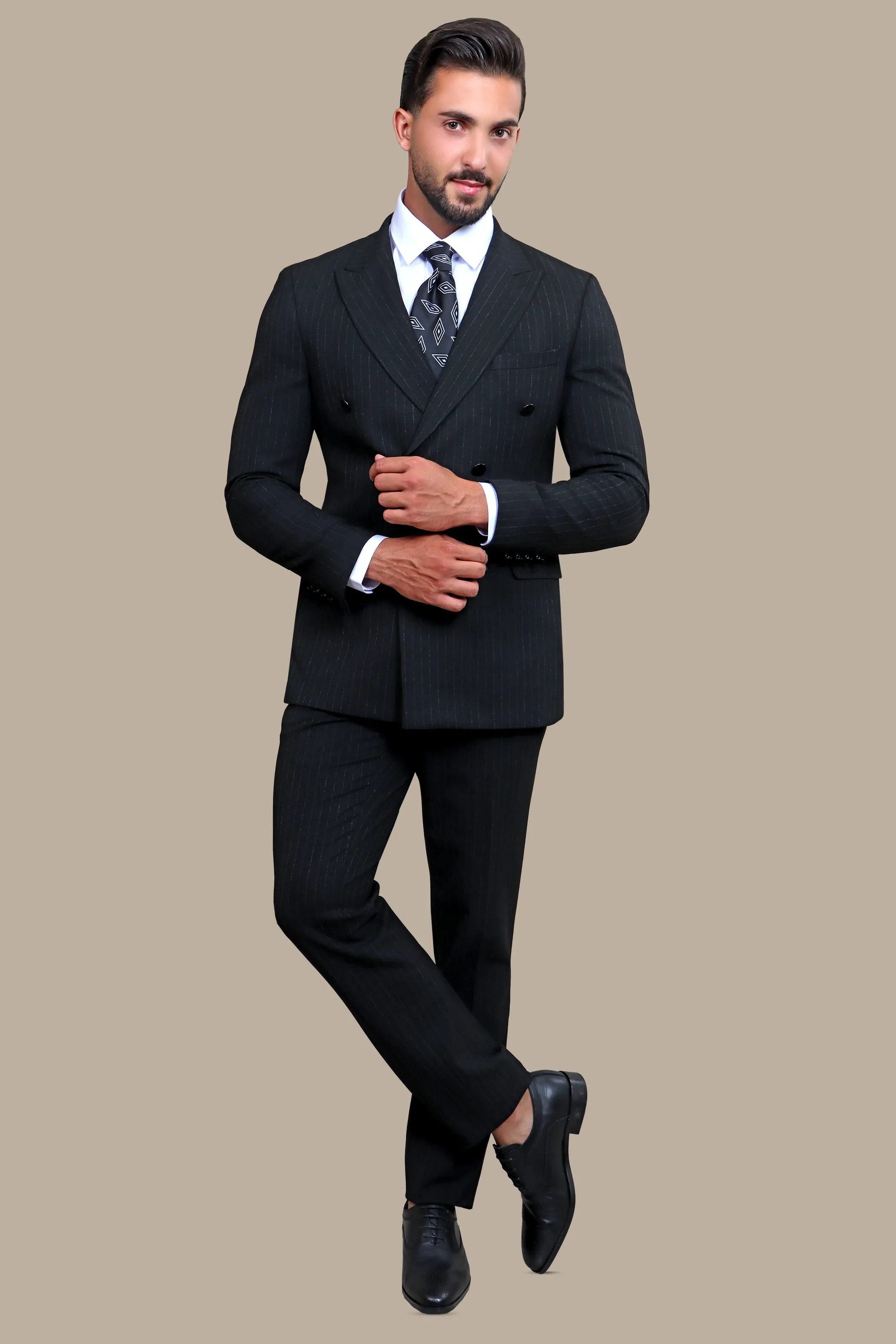 Classic Elegance: Black Double-Breasted Suit with Timeless Stripes