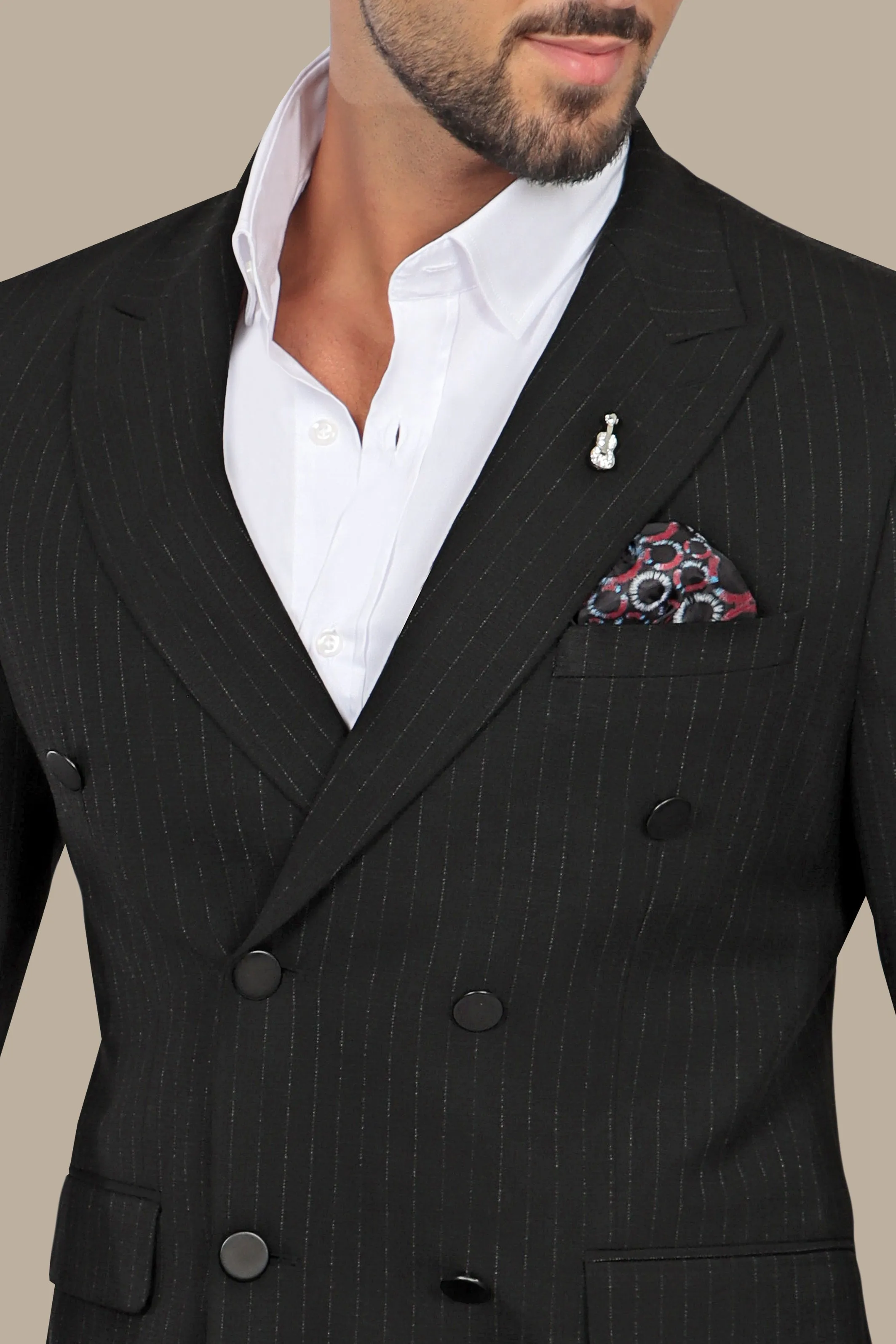 Classic Elegance: Black Double-Breasted Suit with Timeless Stripes