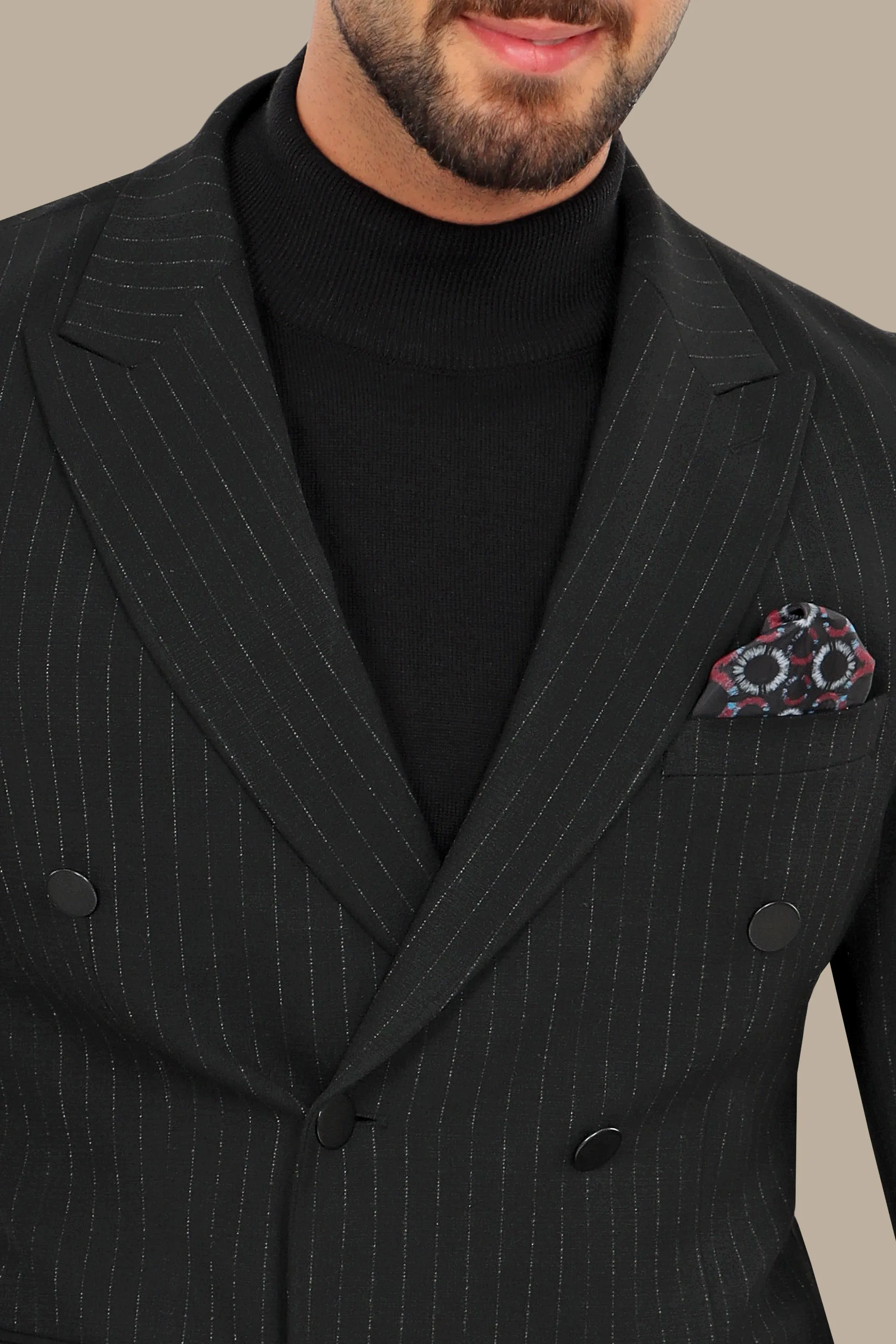 Classic Elegance: Black Double-Breasted Suit with Timeless Stripes