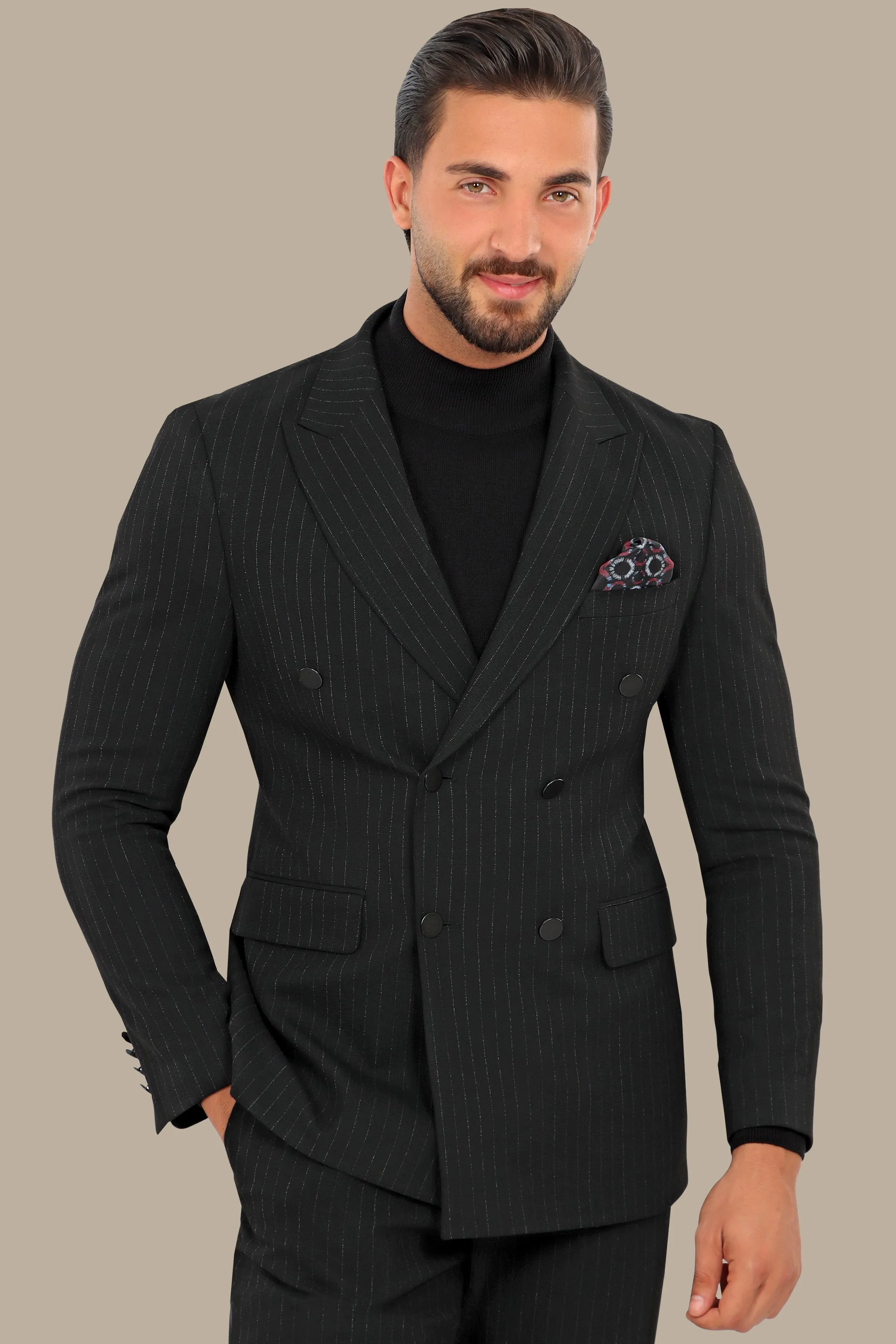 Classic Elegance: Black Double-Breasted Suit with Timeless Stripes