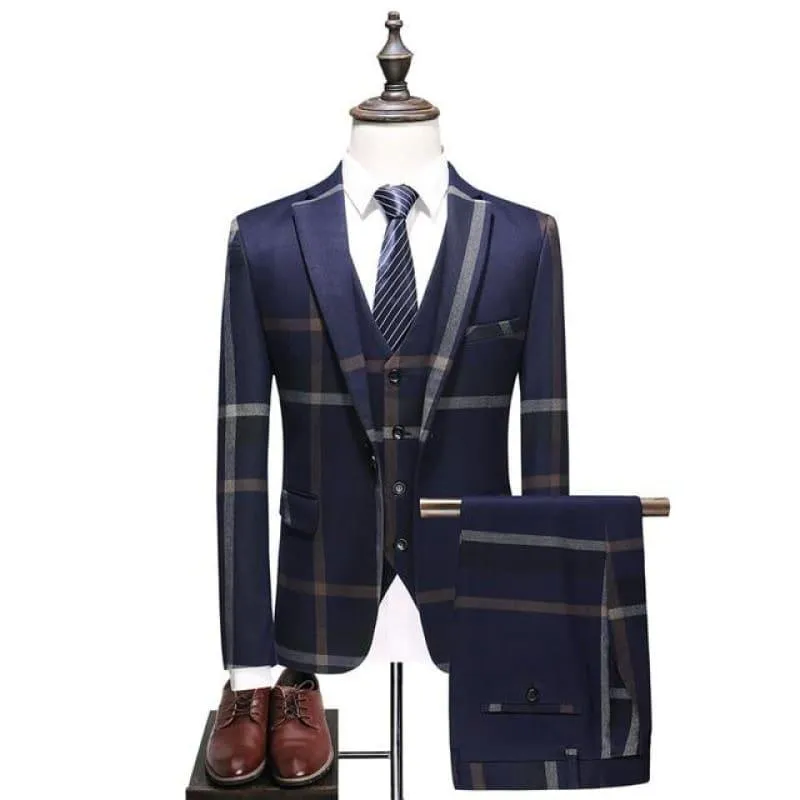 Classic Plaid  Tuxedo Men Classic Men's Suits Formal Jacket Pants Vest Suits