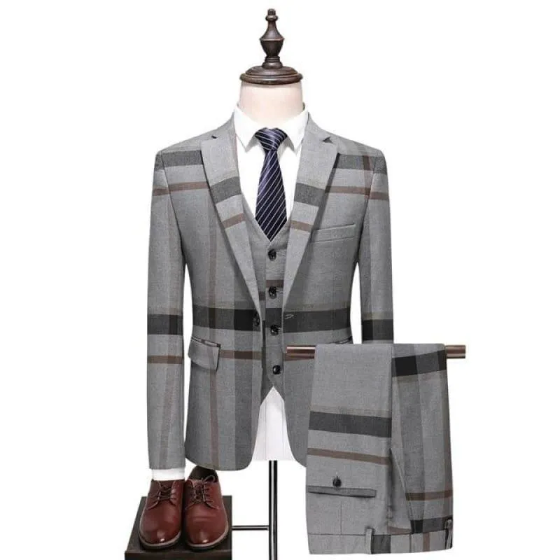 Classic Plaid  Tuxedo Men Classic Men's Suits Formal Jacket Pants Vest Suits