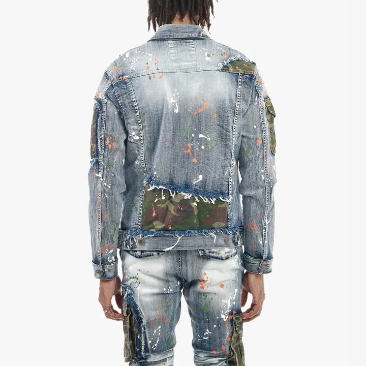 Copper Rivet Camo Ripped Denim Jacket (Light Sand Blue)