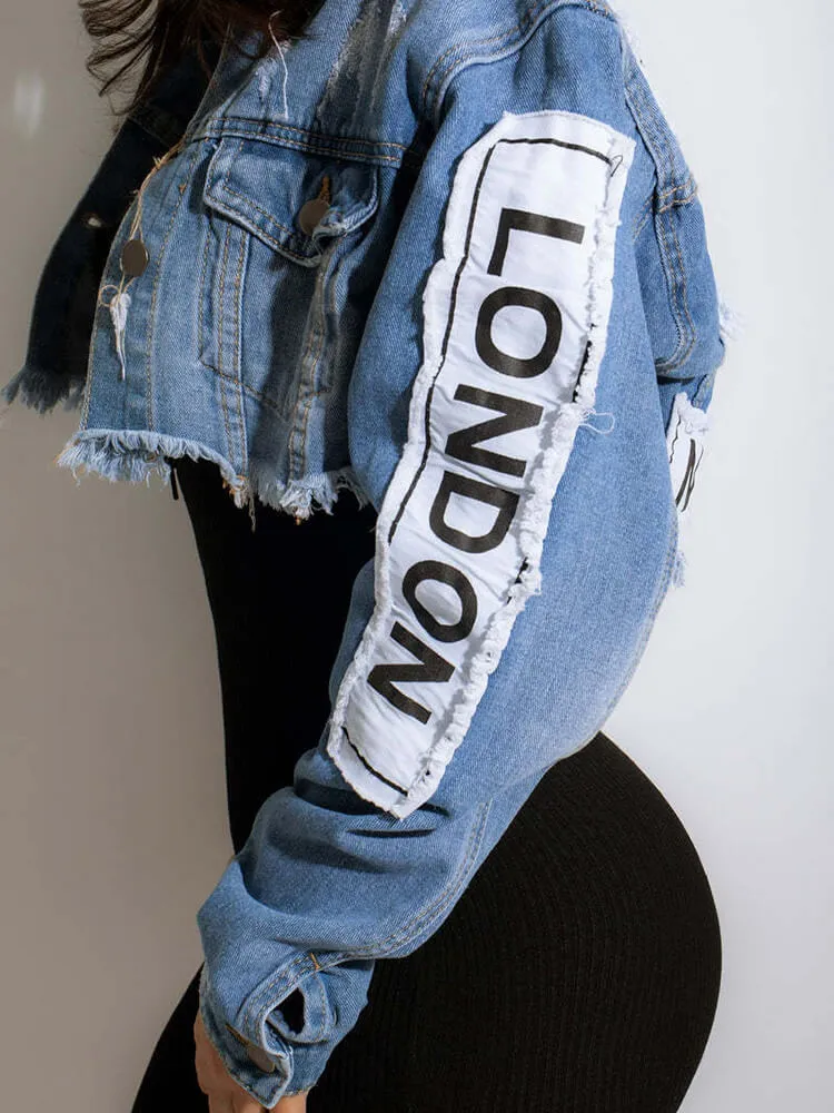 Denim Long Sleeve Letter Print Short Jackets