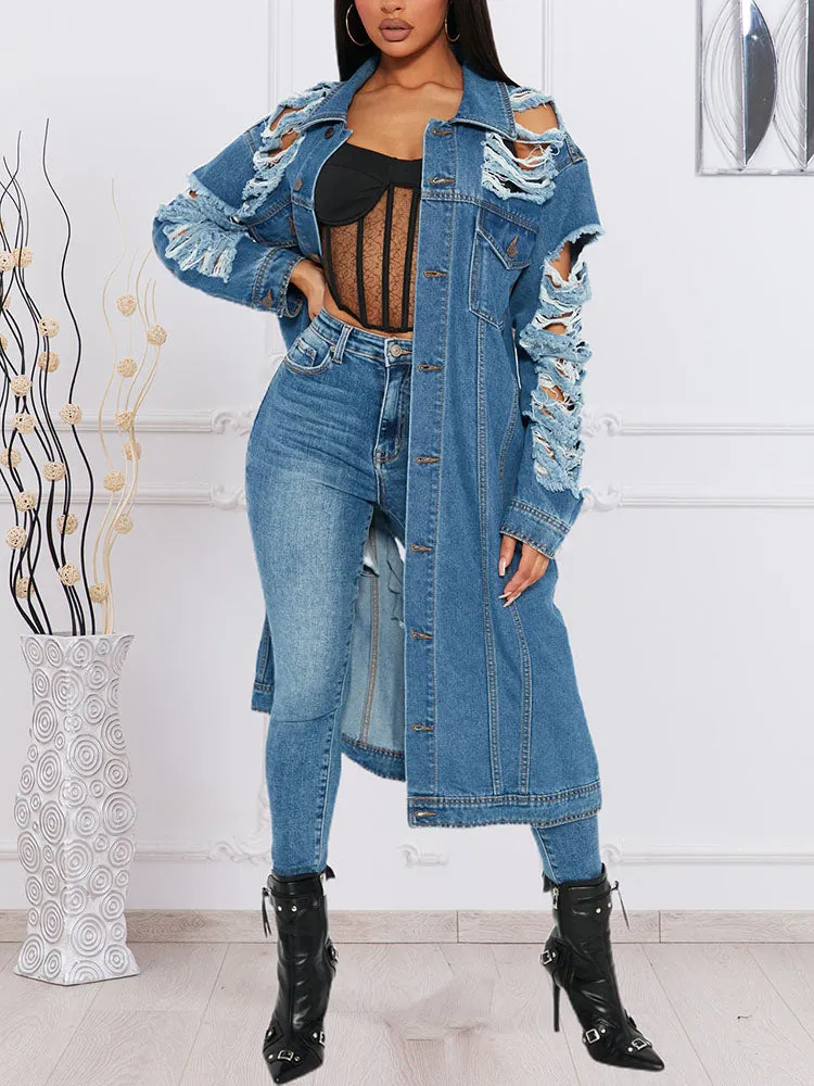 Distressed Charming Denim Coat