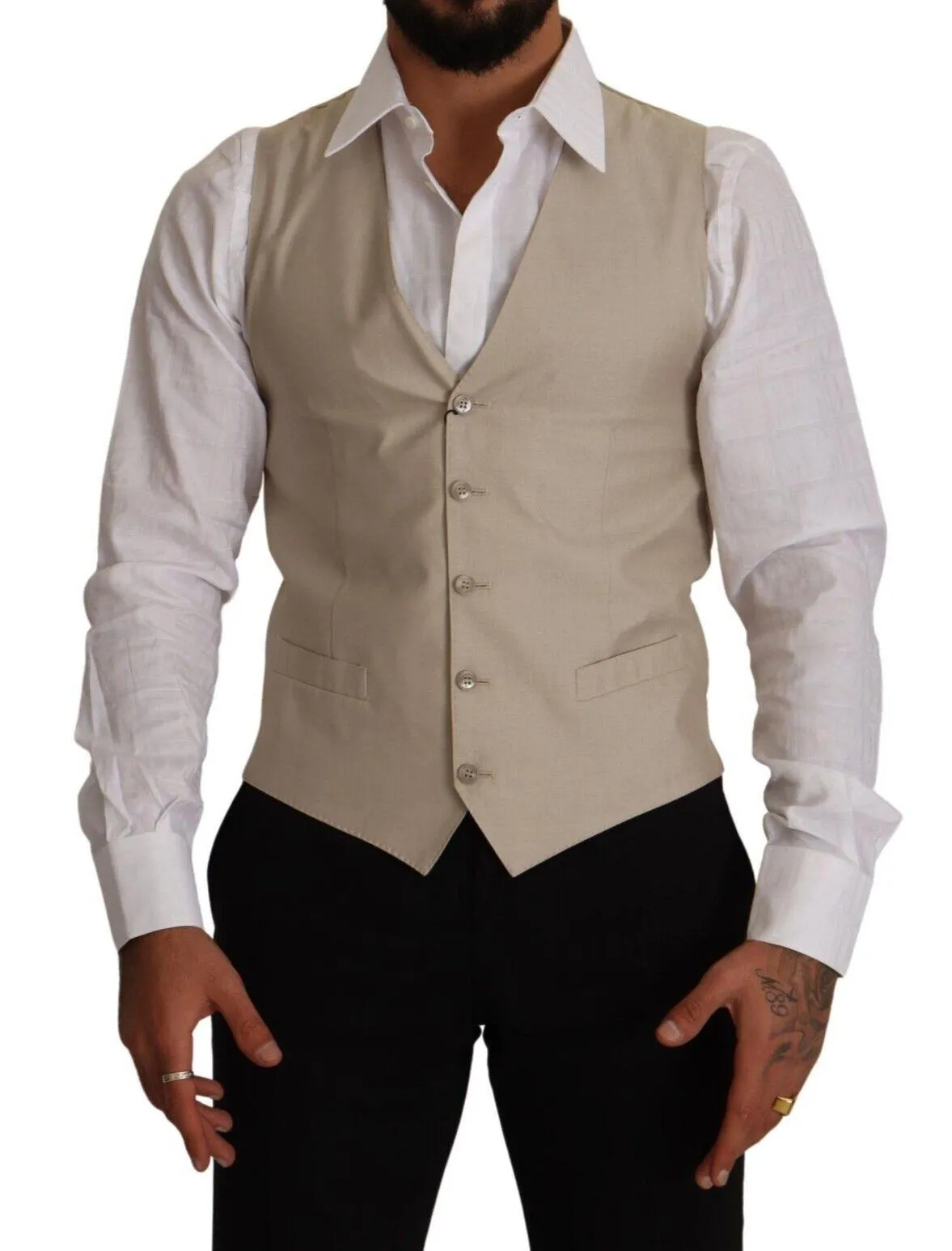 Dolce & Gabbana Men's Beige Cotton Silk Slim Fit Waistcoat Vest