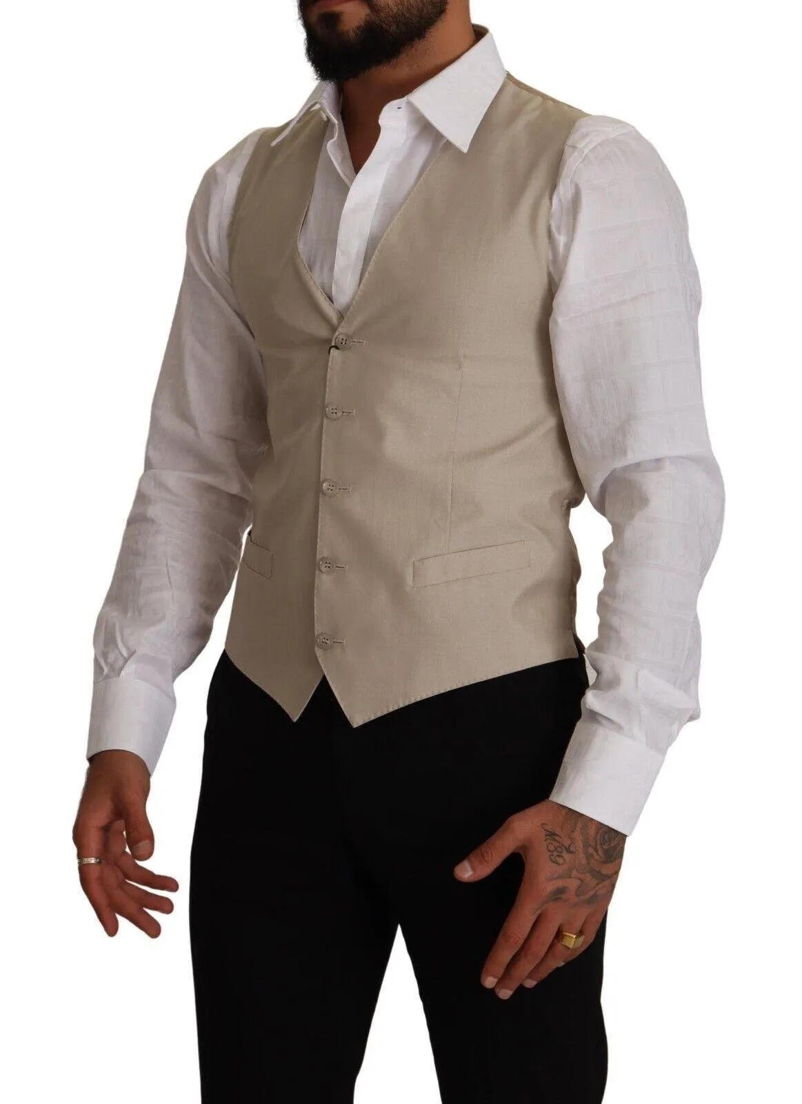 Dolce & Gabbana Men's Beige Cotton Silk Slim Fit Waistcoat Vest