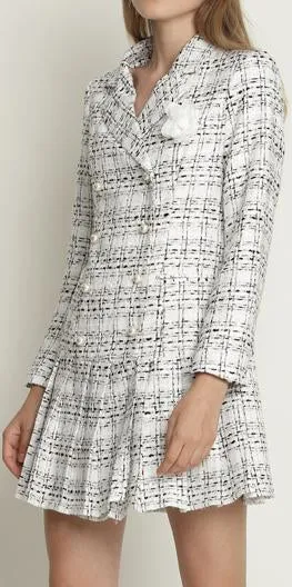 Double-Breasted White Plaid Coat-Dress