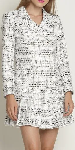 Double-Breasted White Plaid Coat-Dress