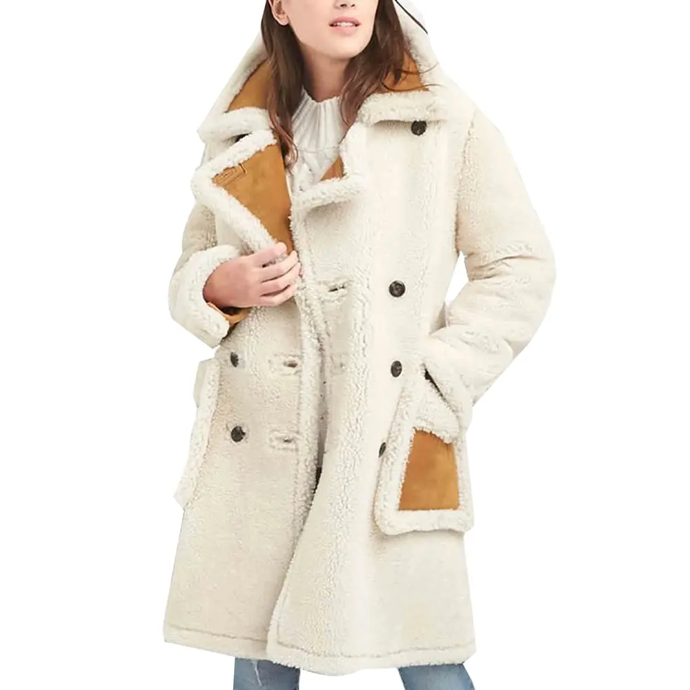 Double Breasted White Shearling Coat for Women