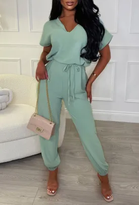 Everyday Elegance Green Elasticated Hem Belted Jumpsuit