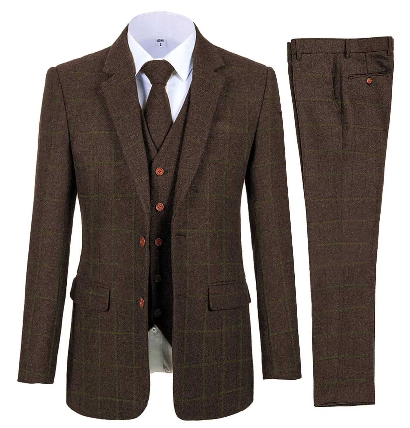 Fashion Men's 3 Pieces Tweed Plaid Notch Lapel Suit (Blazer vest Pants)