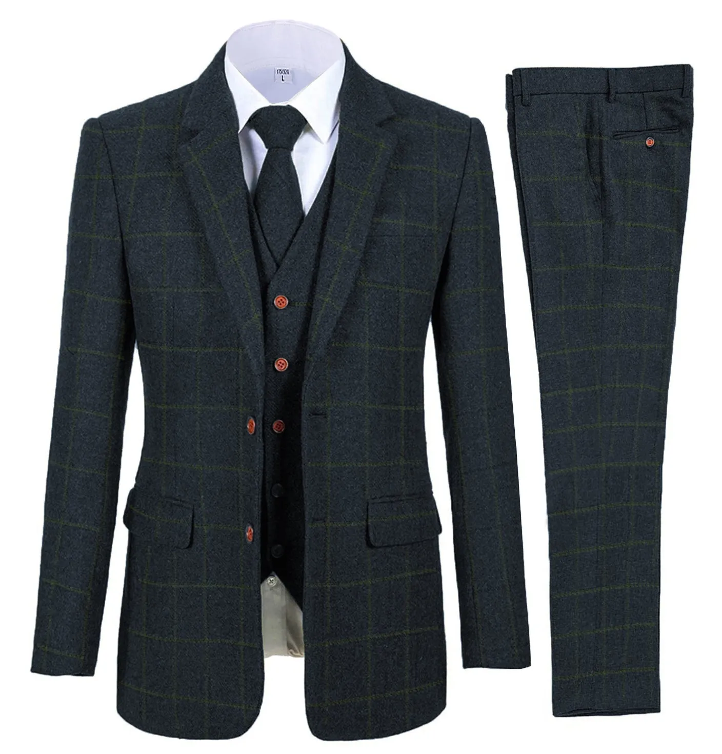 Fashion Men's 3 Pieces Tweed Plaid Notch Lapel Suit (Blazer vest Pants)