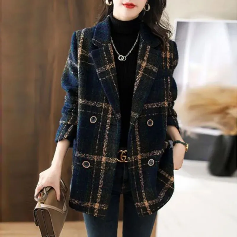 Fashion Plaid Casual Slim Double Breasted Woolen Coat