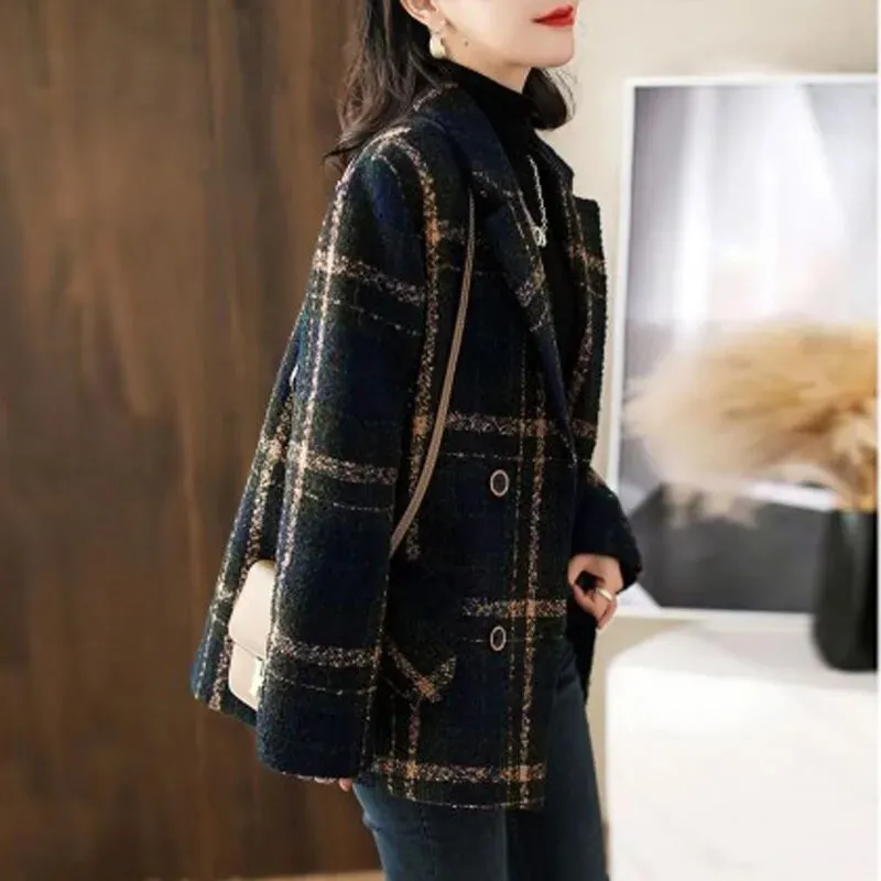 Fashion Plaid Casual Slim Double Breasted Woolen Coat