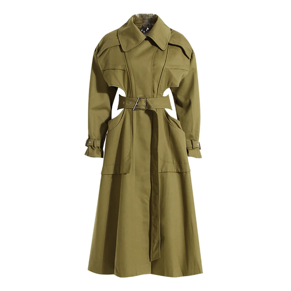 Fashion Women's Trench Coat Laple Cut Out Belt Deconstruct Long Sleeve Khaki Windbreaker Female Autumn