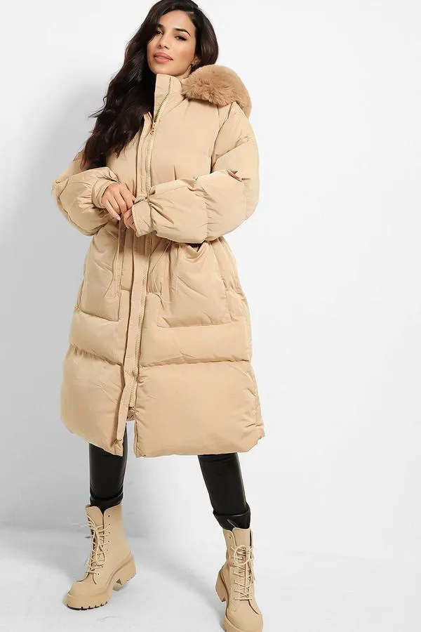 FAUX FUR HOOD DRAWSTRING OVERSIZED CAMEL LONG PARKA COAT