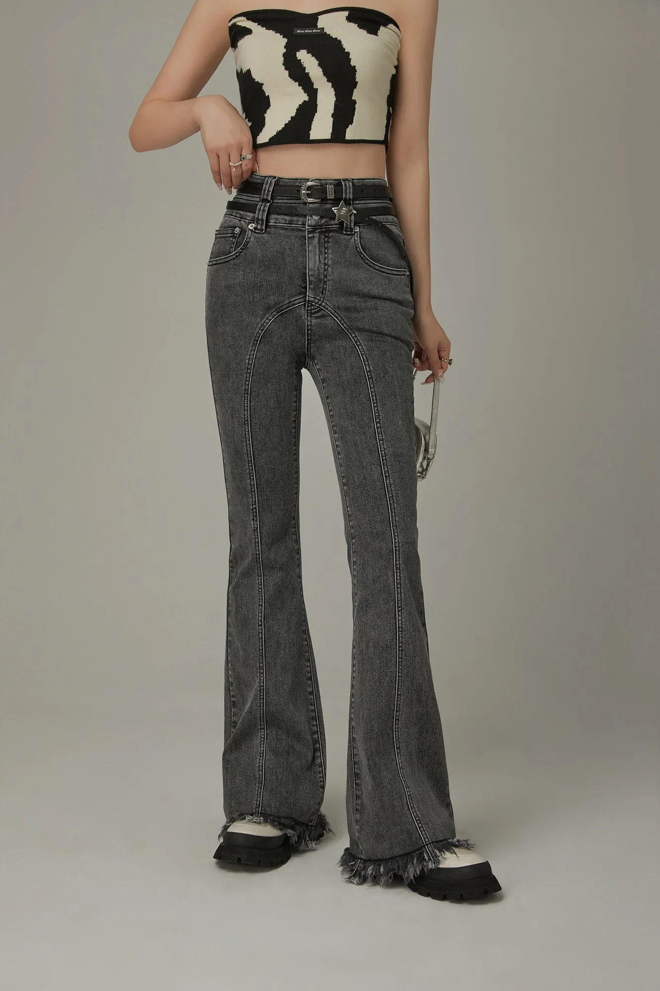 Frayed Hem Bootcut Denim Jeans