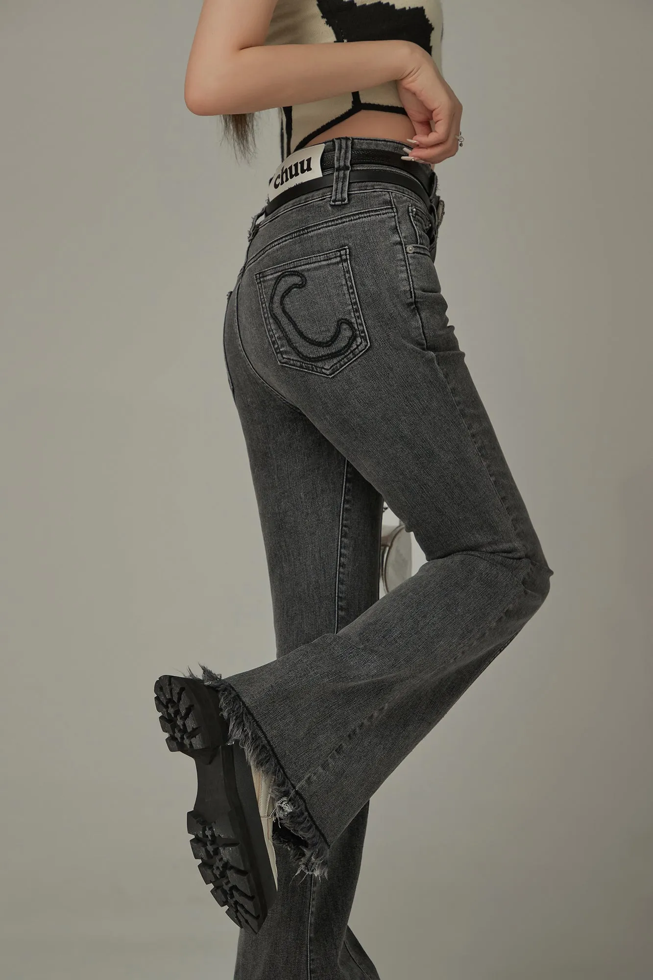 Frayed Hem Bootcut Denim Jeans