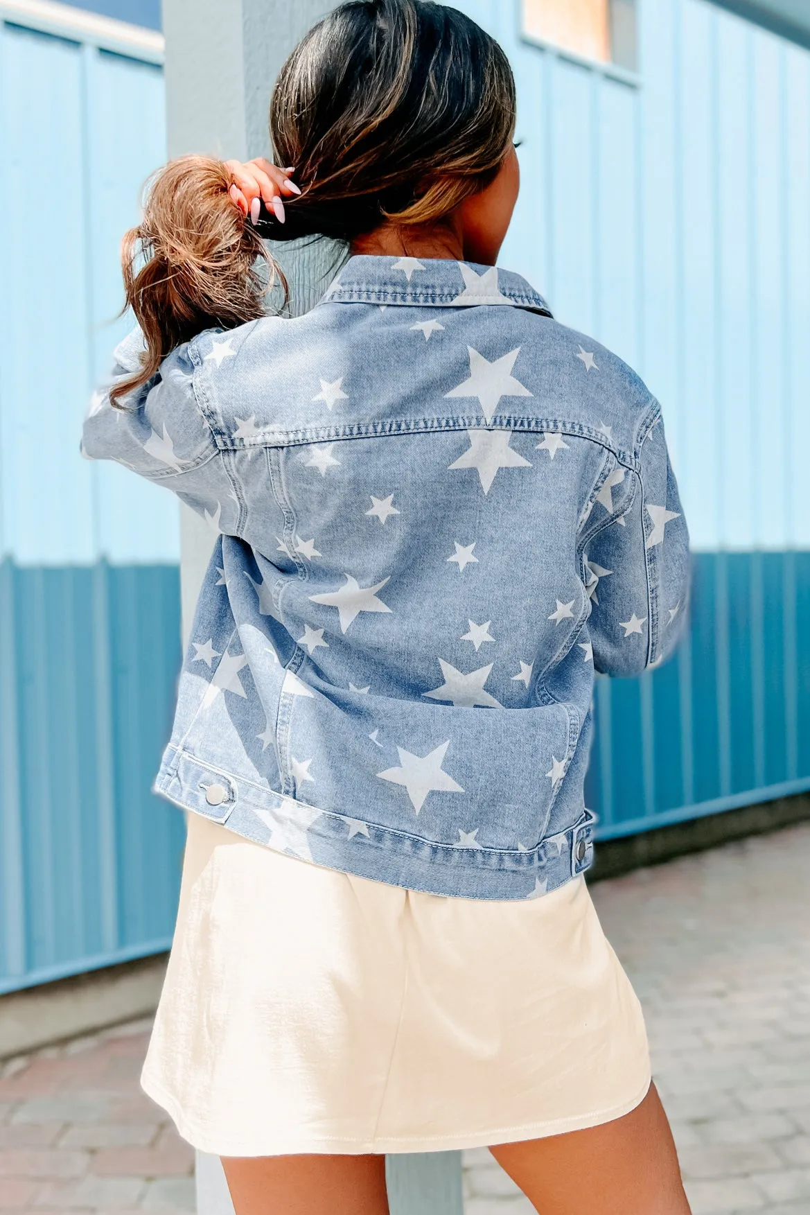 Free & True Star Printed Denim Jacket (Light Denim)