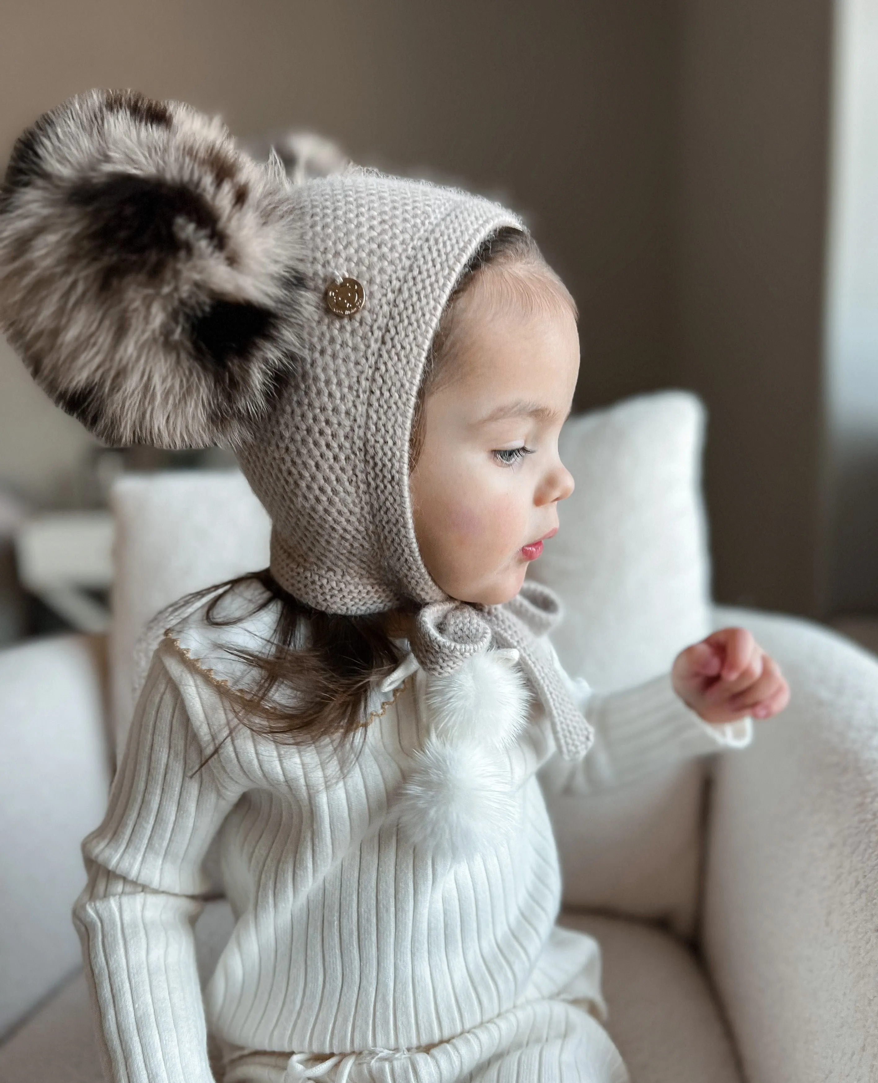 Honeycomb Beige Cashmere Bonnet with Animal Print Poms