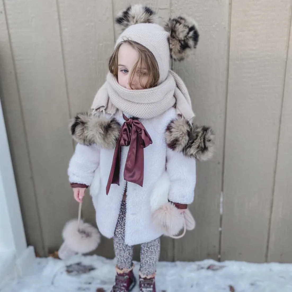 Honeycomb Beige Cashmere Bonnet with Animal Print Poms