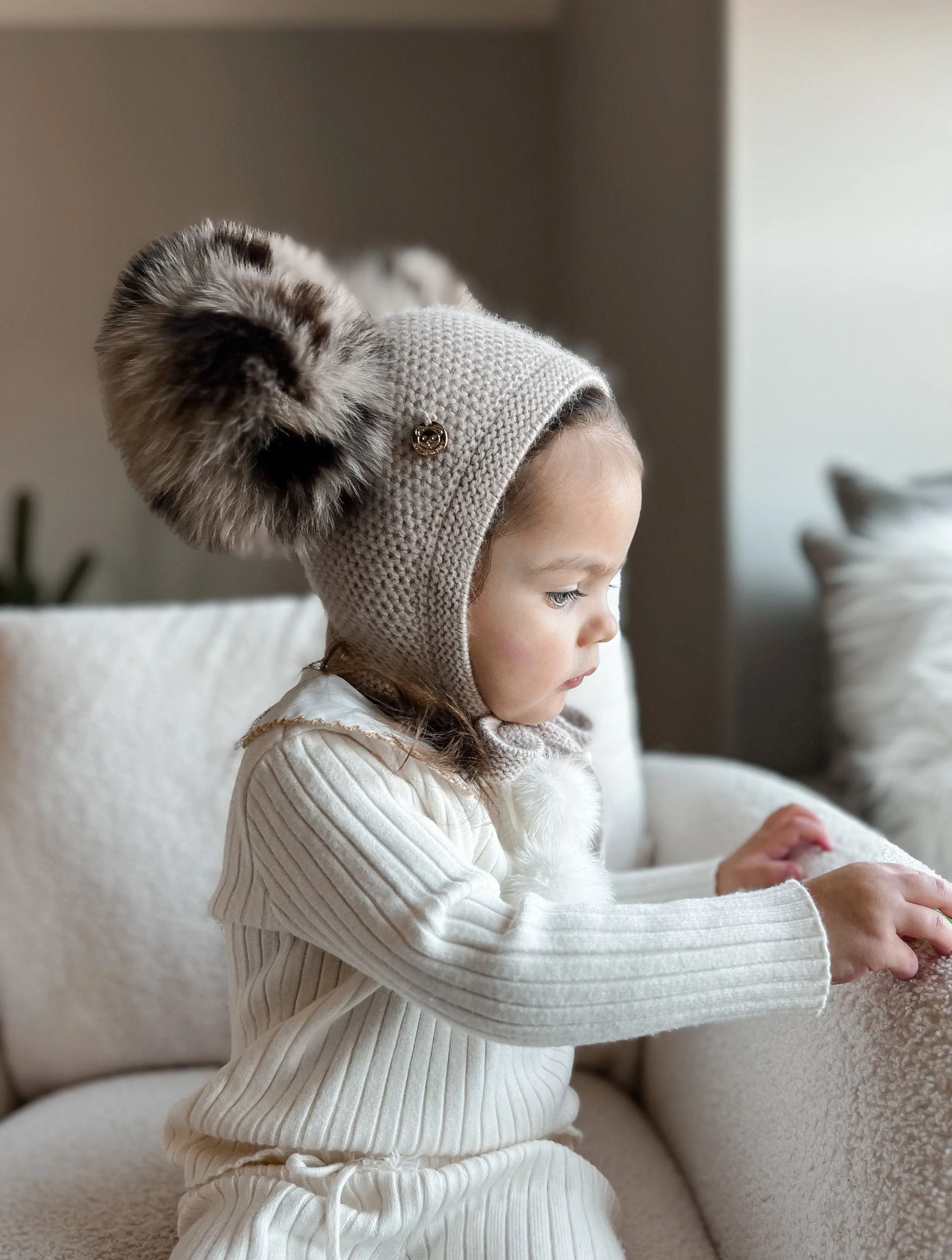 Honeycomb Beige Cashmere Bonnet with Animal Print Poms