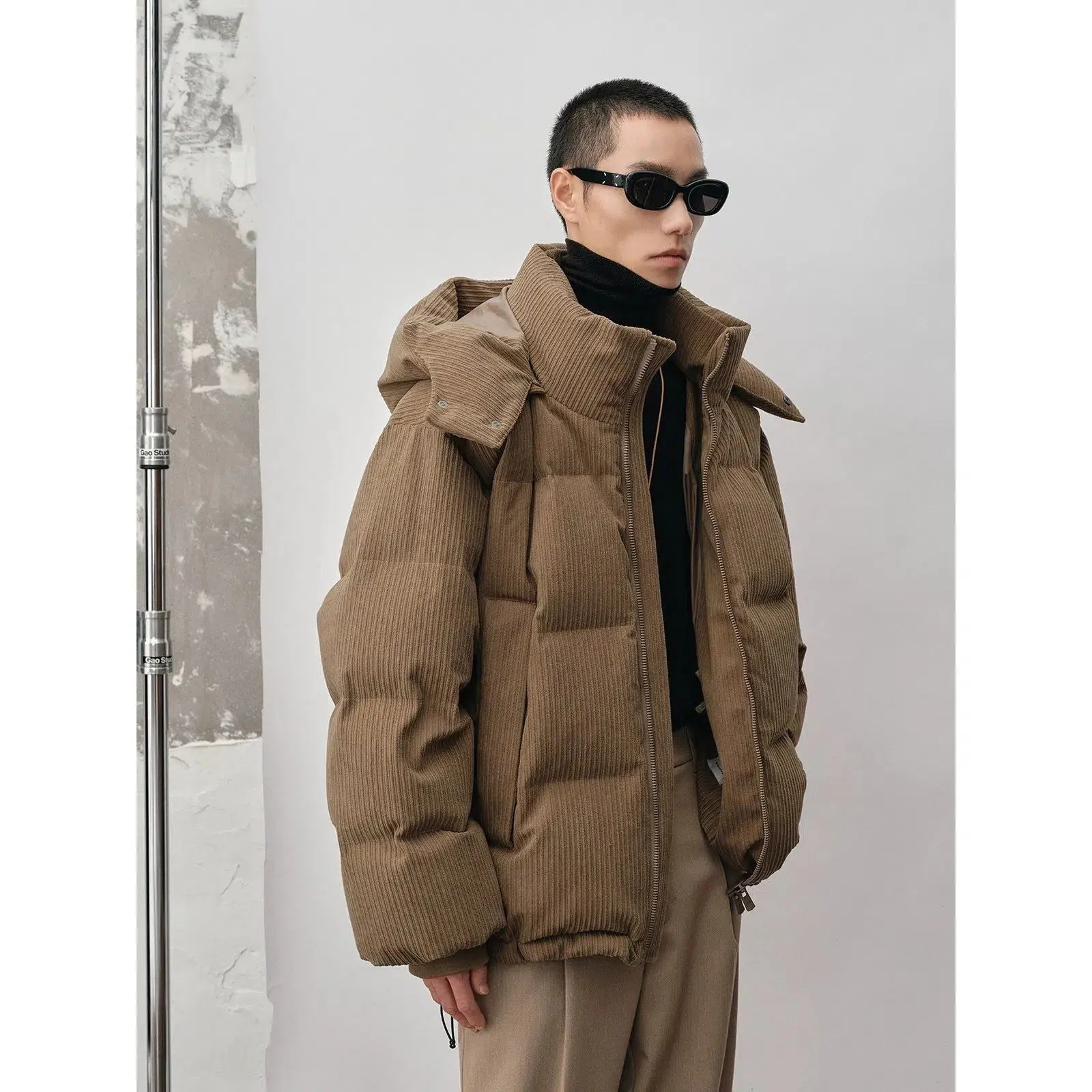 Hooded Down Jacket With Oversized Corduroy