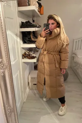 HOODED FAUX FUR TIE UP OVERSIZED TAN LONG PUFFER COAT