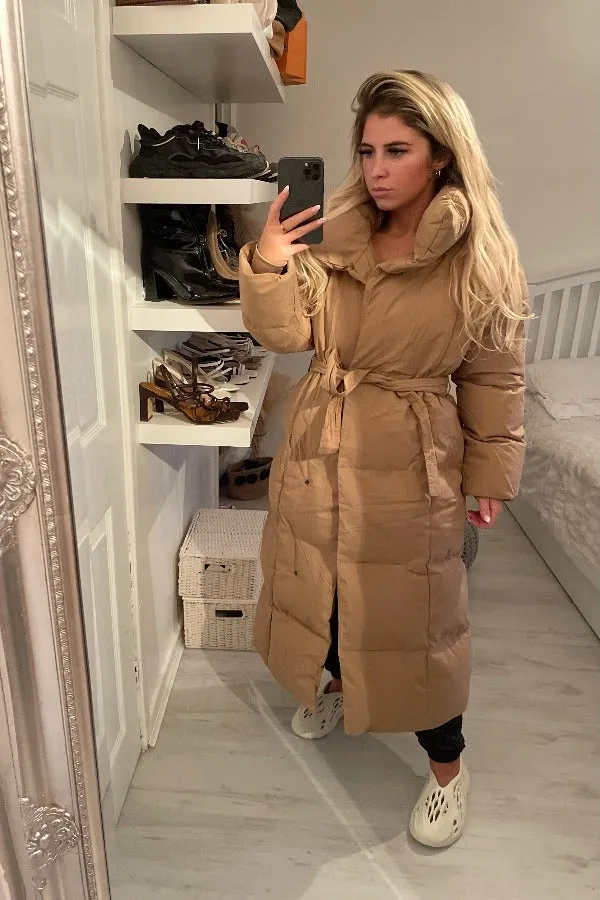 HOODED FAUX FUR TIE UP OVERSIZED TAN LONG PUFFER COAT