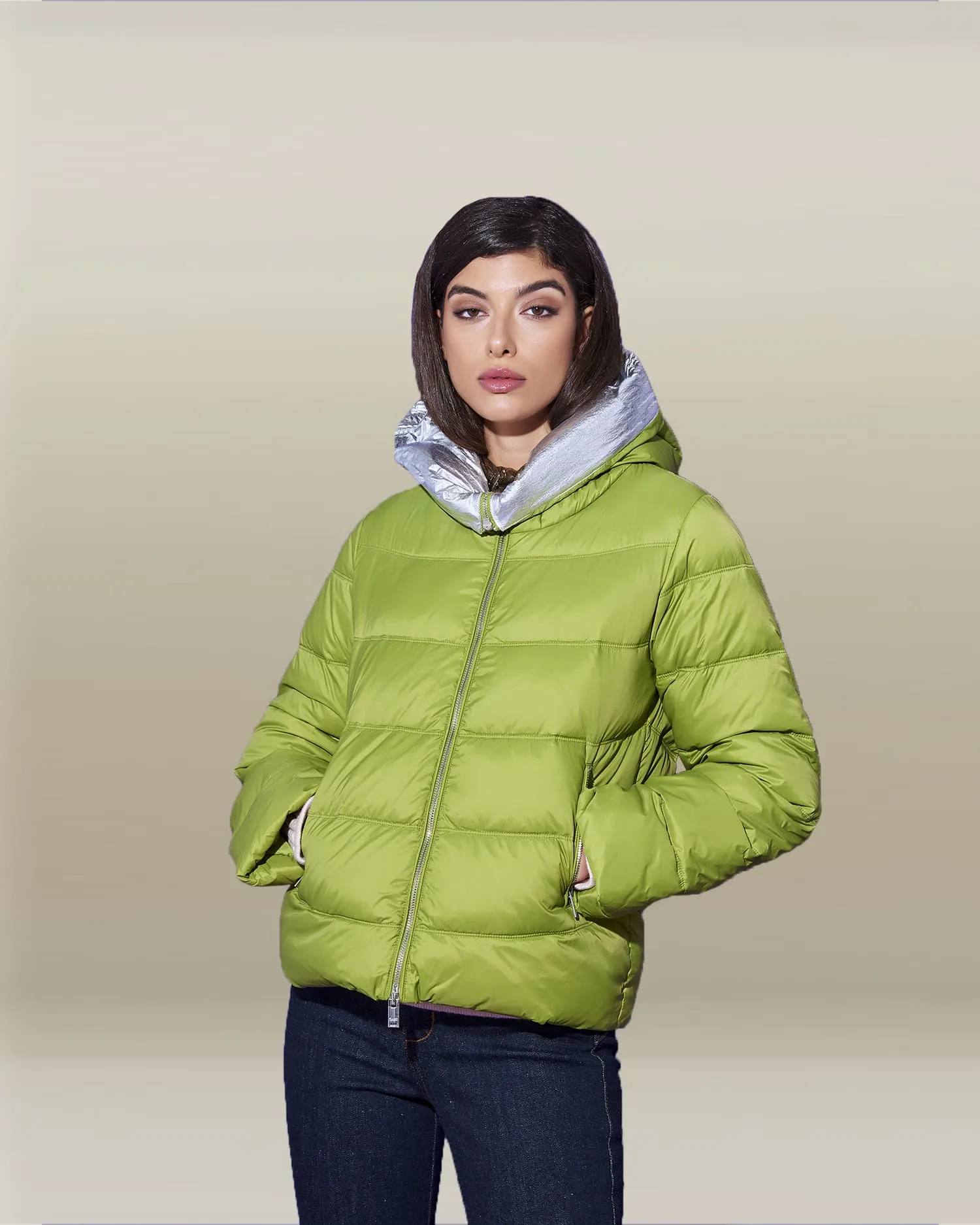 Hooded short down-jacket