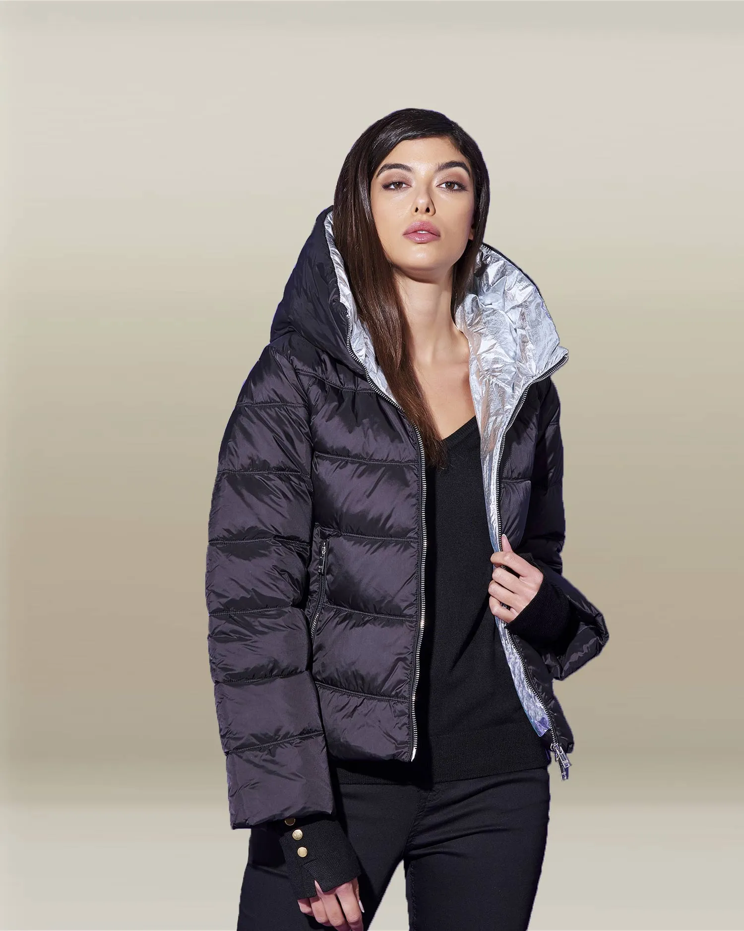 Hooded short down-jacket