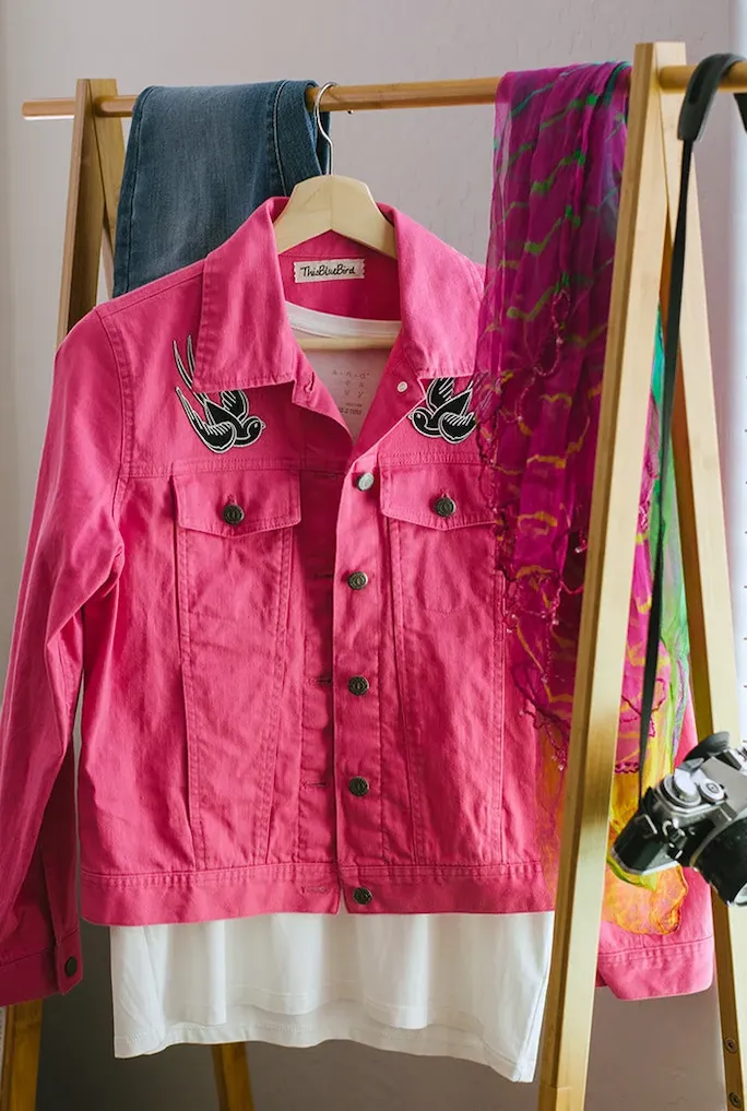 Hot Pink Denim Jacket with Retro Swallow Patches