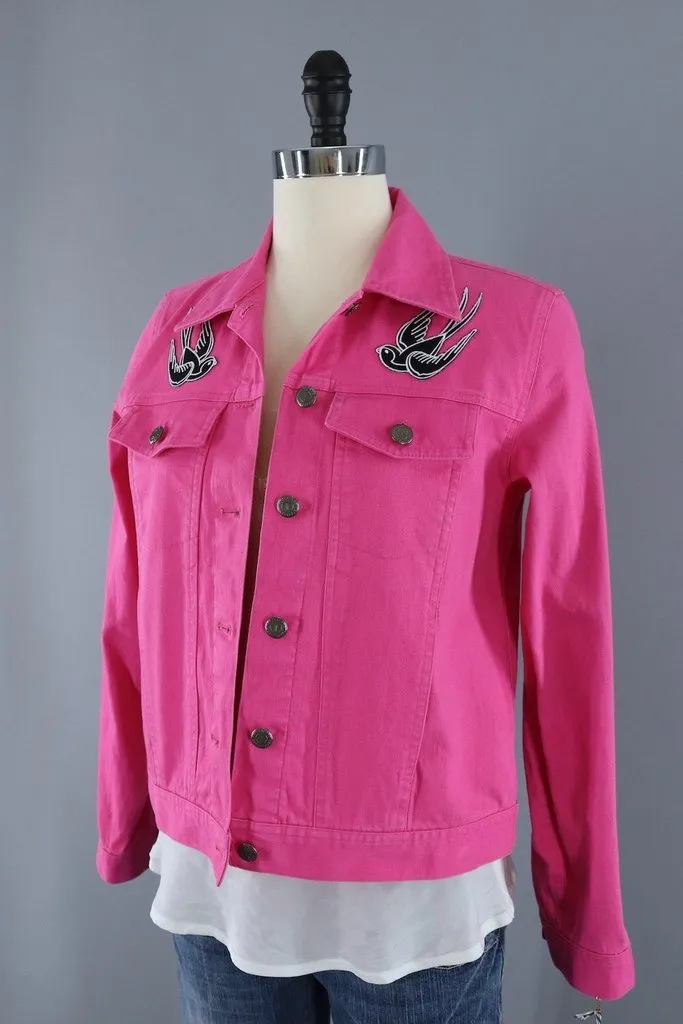 Hot Pink Denim Jacket with Retro Swallow Patches