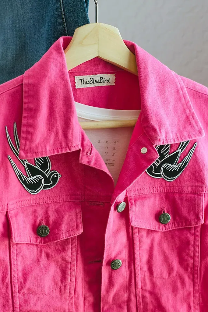 Hot Pink Denim Jacket with Retro Swallow Patches