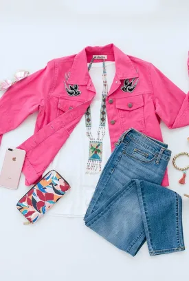 Hot Pink Denim Jacket with Retro Swallow Patches