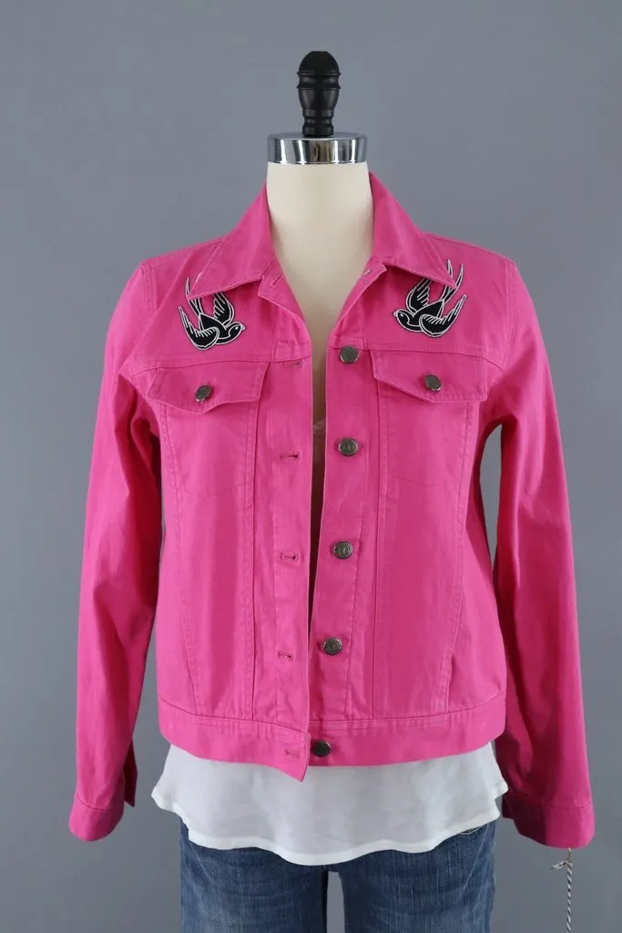 Hot Pink Denim Jacket with Retro Swallow Patches