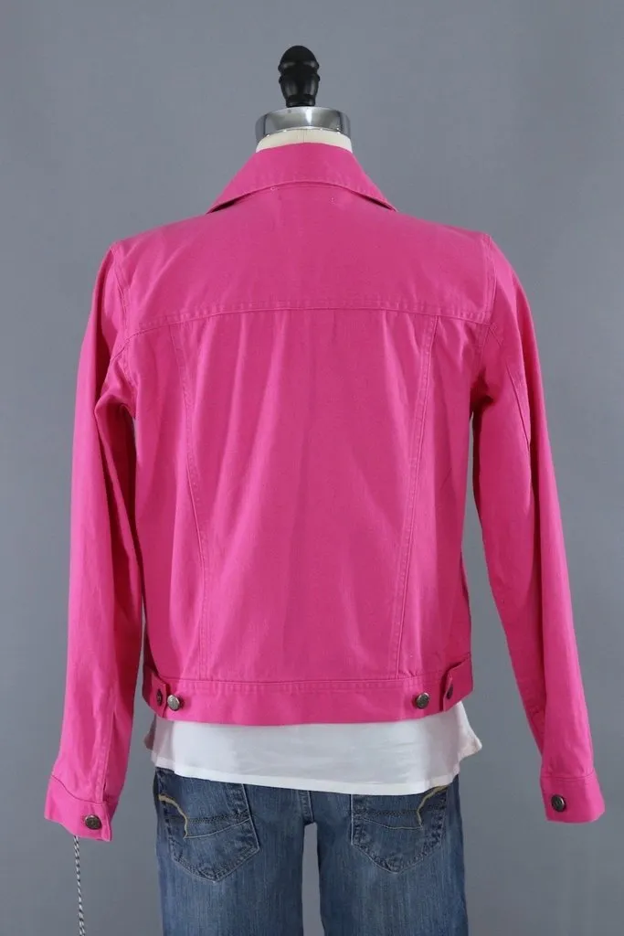 Hot Pink Denim Jacket with Retro Swallow Patches