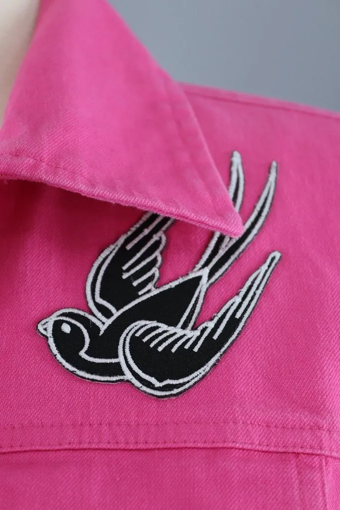 Hot Pink Denim Jacket with Retro Swallow Patches