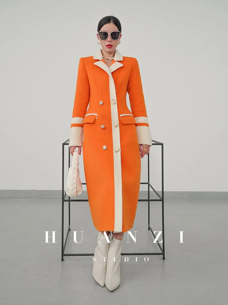 Huanzi high-grade contrasting color double-sided cashmere woolen coat new autumn and winter waist waist long- Trina