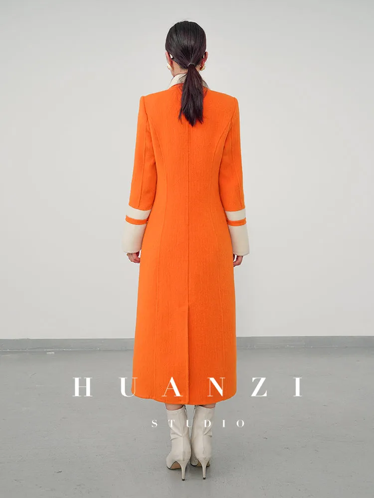 Huanzi high-grade contrasting color double-sided cashmere woolen coat new autumn and winter waist waist long- Trina