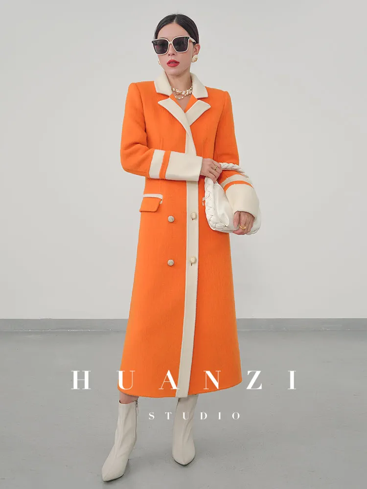 Huanzi high-grade contrasting color double-sided cashmere woolen coat new autumn and winter waist waist long- Trina