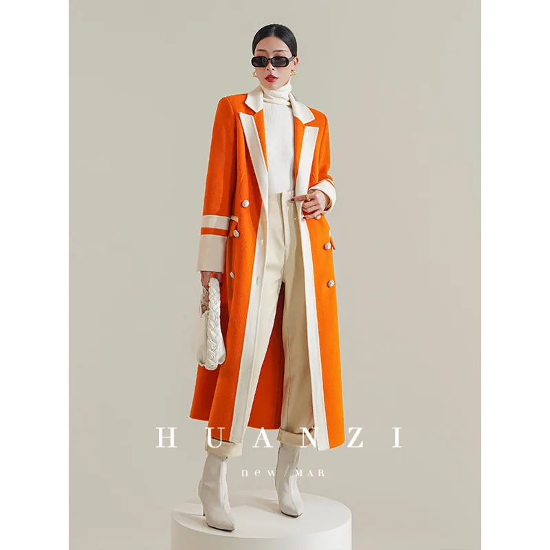 Huanzi high-grade contrasting color double-sided cashmere woolen coat new autumn and winter waist waist long- Trina